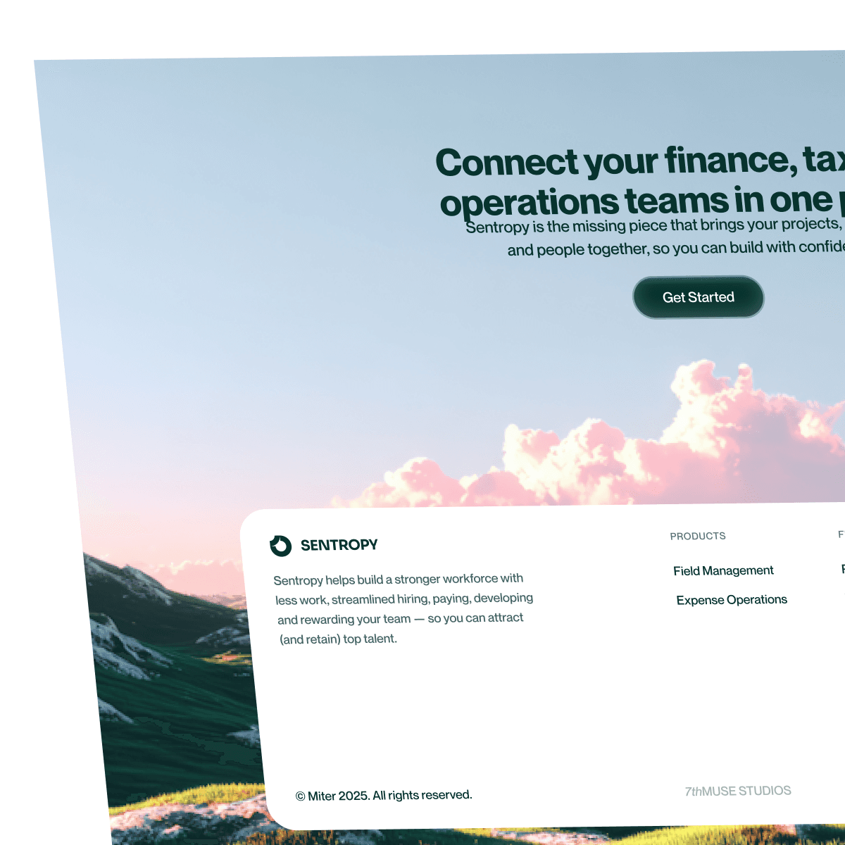 The Sentropy landing page, with a pastel sky and mountain hero above a footer card describing the workforce platform