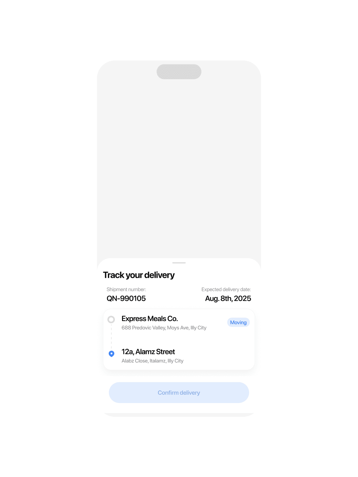 A Track your delivery sheet with a shipment number, expected delivery date, and pickup and drop-off addresses